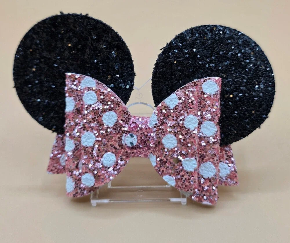Minnie Mouse Pink Sequin Bow Hair Clip for Girls with Black Sequin Ears